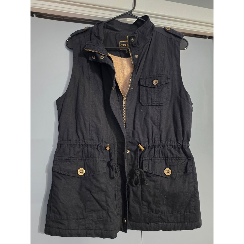 C'EST TOI Utility Vest Women Medium Black Excellent Faux Fur Lined Military